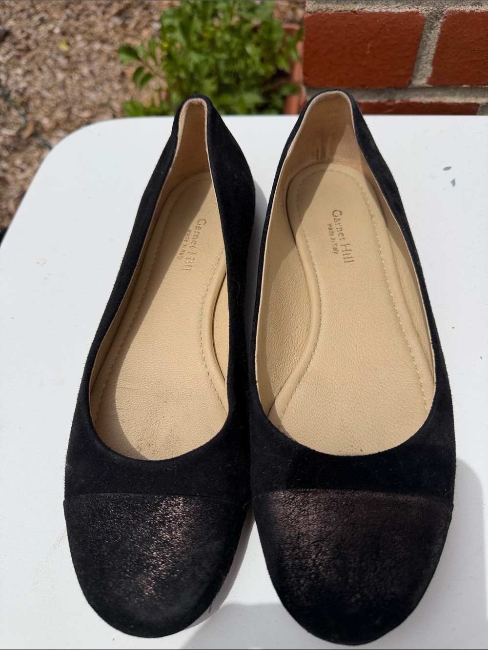 Black Suede Ballet Flats with dark bronze cap toe